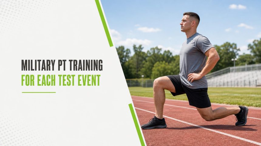 Service member in a grey t-shirt in a lunge on a red running track
